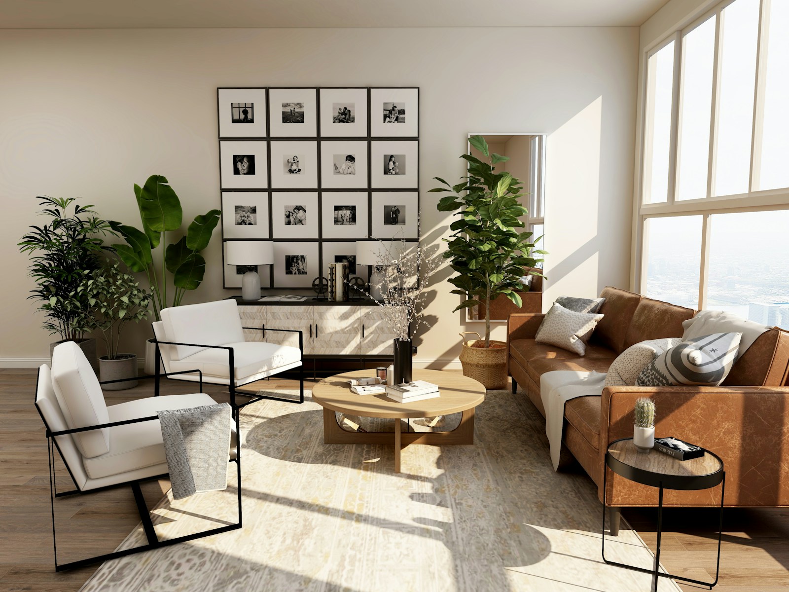 A sunlit room with carefully arranged furniture and framed artwork
